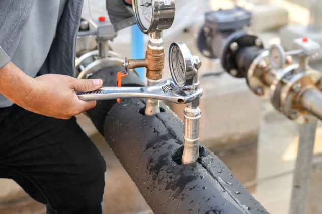 Plumber using a wrench on pipes for emergency plumbing services.