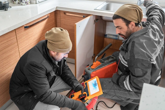 Plumbers inspecting kitchen drain pipes using video camera inspection