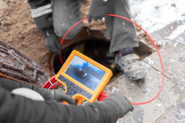 Plumber performing a video camera inspection on sewer system with a monitor