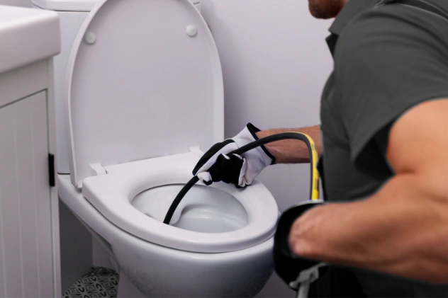 Professional performing hydro jetting service on a toilet pipe.