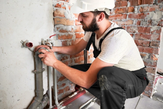 Plumber fixing a pipe under a sink with tools