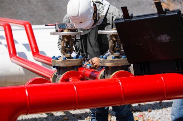 Technician inspecting red industrial gas pipes with a digital tool