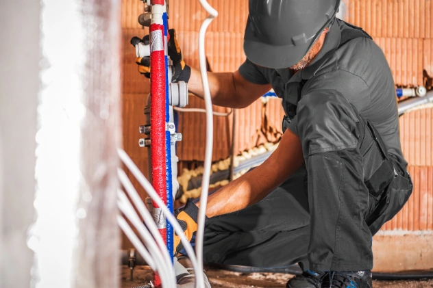 Plumber working on red and blue pipes during installation
