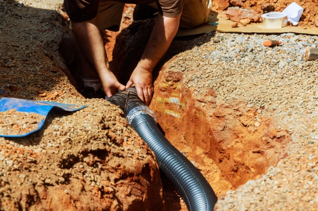 Worker installing a flexible pipe in a trench for environmental remediation.