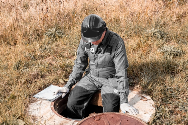 Technician inspecting a septic system to ensure safety and functionality.