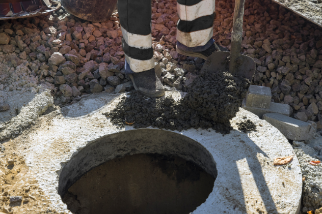 Person working on cesspool maintenance using a tool.