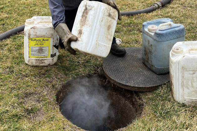 Person pouring chemical treatment into a cesspool for cleaning.