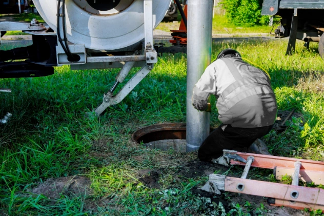 Technician using equipment to inspect septic tank system.