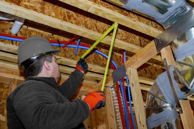 Plumber working with pipes in a home ceiling for emergency repairs