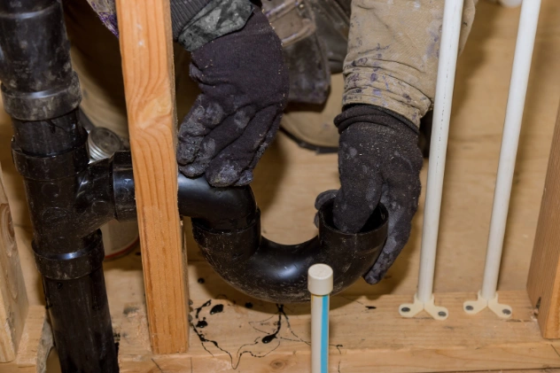 Plumber working on a drainpipe inside a home.