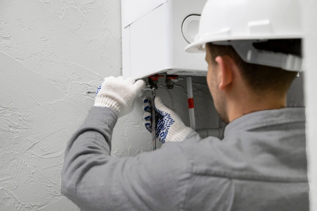 Plumber installing a system component in a residential plumbing project.