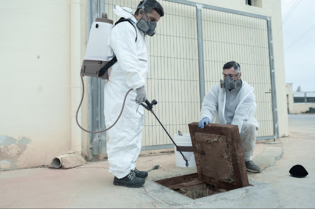 Two workers in protective gear servicing a cesspool with spraying equipment.