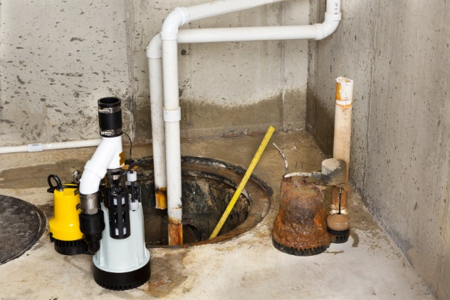 Technician working on an emergency sewage ejector pump repair in a basement.