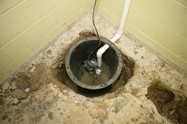 Residential sump pump system protecting basement from water damage