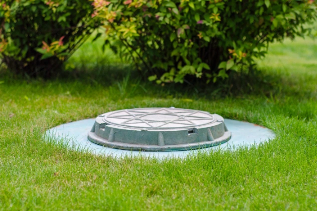 Well-maintained sewer lid in a garden area