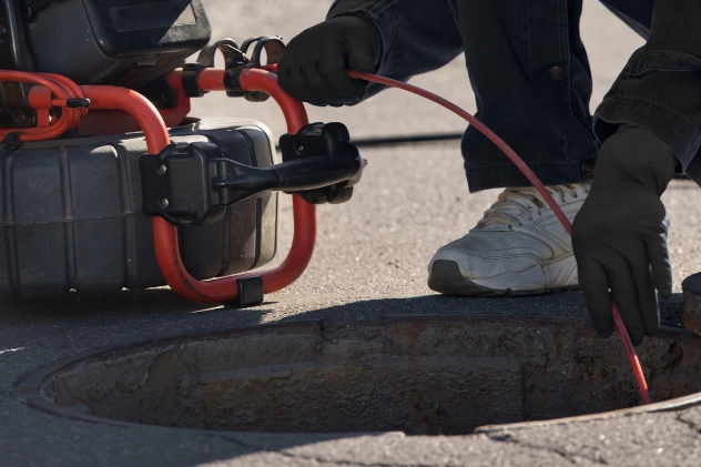 Person using a camera tool to inspect a cesspool.