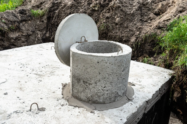 Worker inspecting a concrete septic tank lid for installation.
