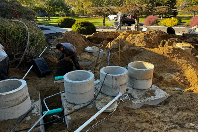 Worker installing a septic tank with multiple concrete sections.