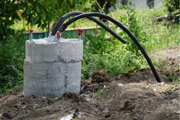Sealed septic tank with pipes attached for maintenance connection.
