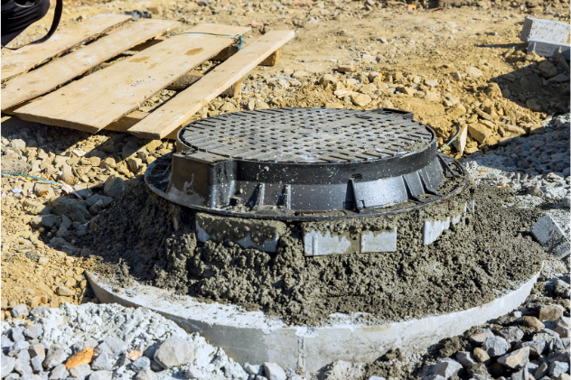 Newly installed septic system cover being set into place.