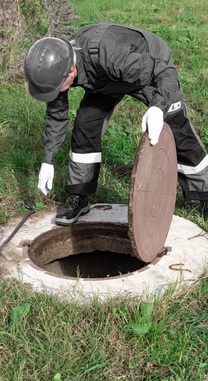 Worker opening a septic system cover for inspection and repair.