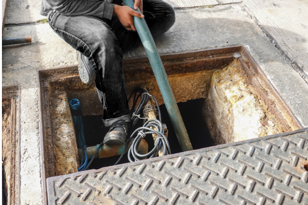 Worker handling a hose inside a septic system during maintenance.