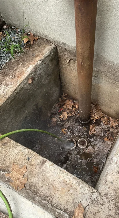 Clogged sewer drain with leaves and debris visible in the trench