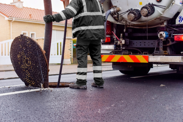 Worker operating vacuum truck to clean street sewer lines