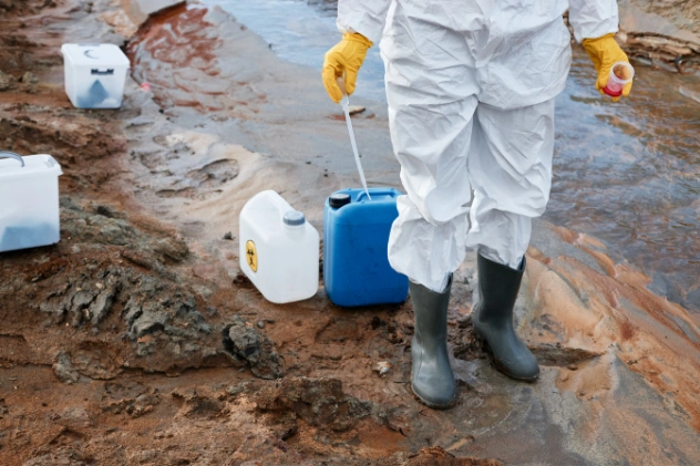 Worker in protective suit collecting hazardous waste along a waterway.