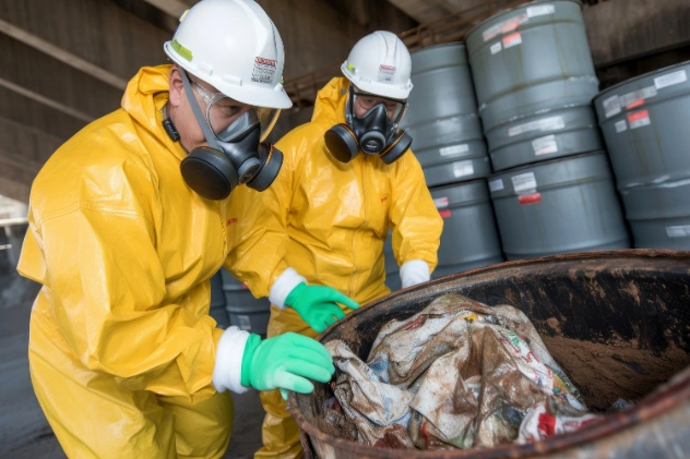Workers in protective gear handling hazardous waste material in a barrel.