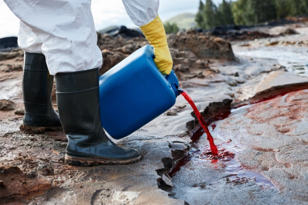Worker in protective gear pouring hazardous liquid on the ground