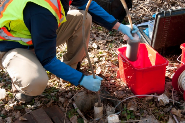 Technician collecting soil sample for non-hazardous waste analysis.