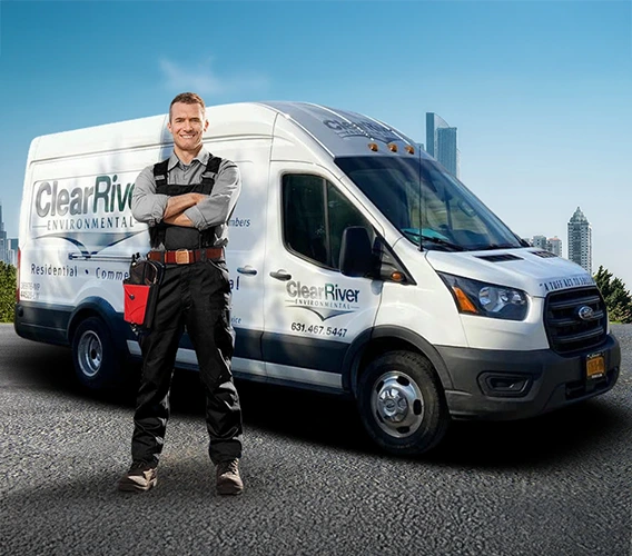 Service technician standing beside a Clear River Environmental van.